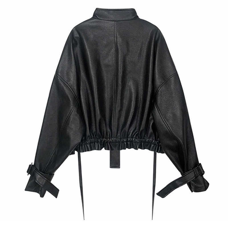 Fitaylor Autumn Women Faux Soft Pu Motorcycle Leather Jacket Casual Loose Black Faux Leather Punk Zipper Overcoat 210908