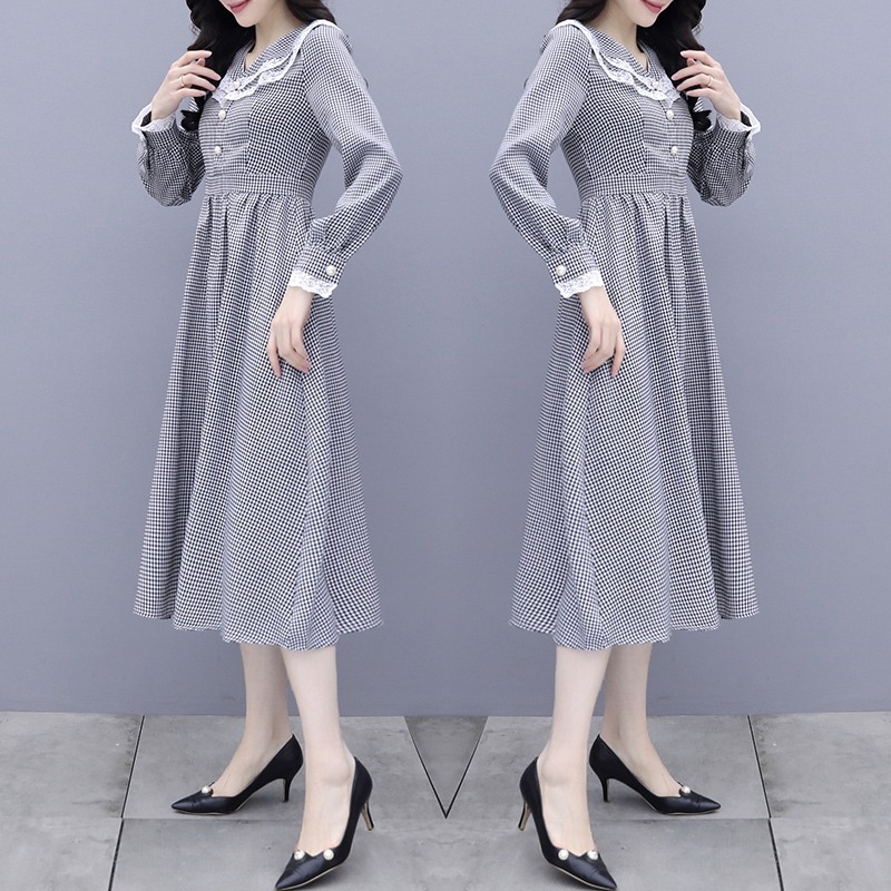 Retro Spring Lace Patchwork Long Plaid Dress Korean Women Fashion Sleeve Houndstooth Elegant Lady Slim Female 210519