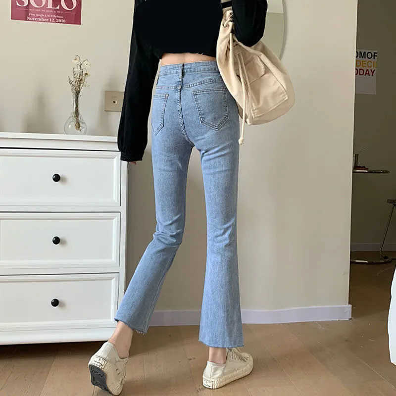 Blue Front Slit Bell Bottom Jean Elastic Skinny Flare Girl Denim Pants Streetwear Ankle-Length Trousers 210809