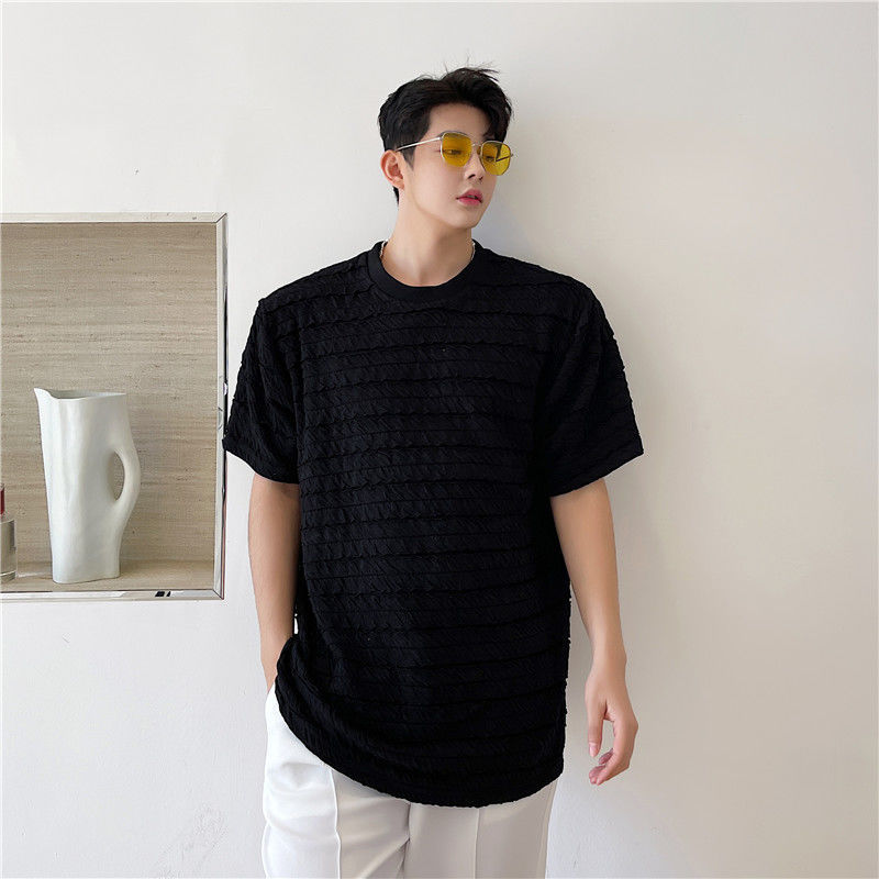 IEFB Korean Hollow Out Fabric Short Sleeve Men's Black White T-shirt Loose Casual Round Collar Trend Tee Tops Summer 9Y7280 210524