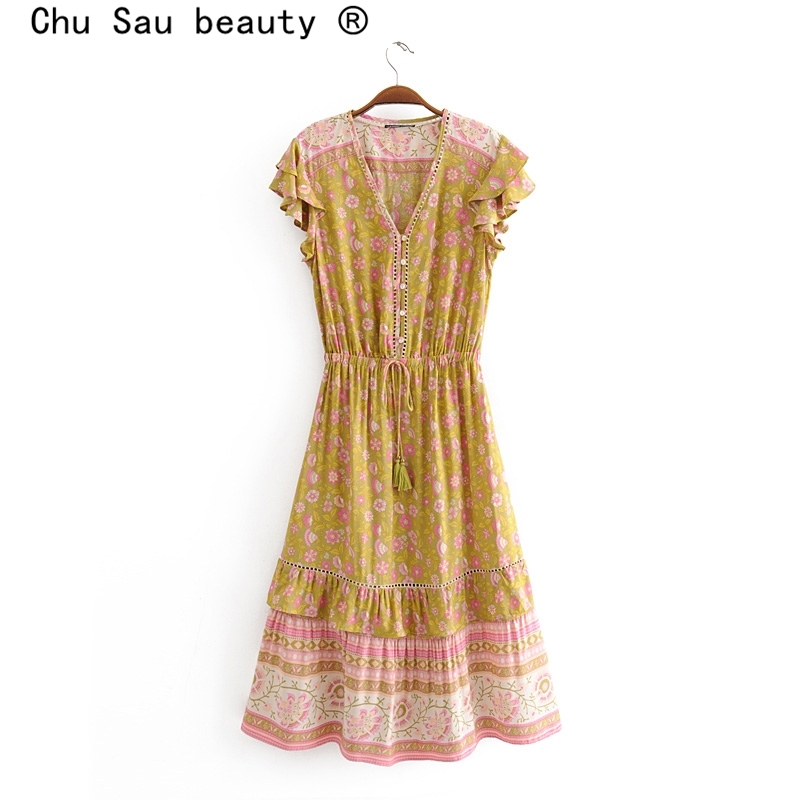 beauty Fashion Boho Floral Print Midi Dress Women Holiday Chic Hollow Out Dresses Female Summer Ruffles Beach Wear 210514