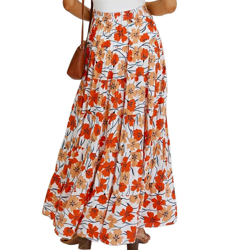 Women Skirt Elastic Waisted Printed Loose Long Pleated s High Waist Flower Maxi s Spring Summer 210524