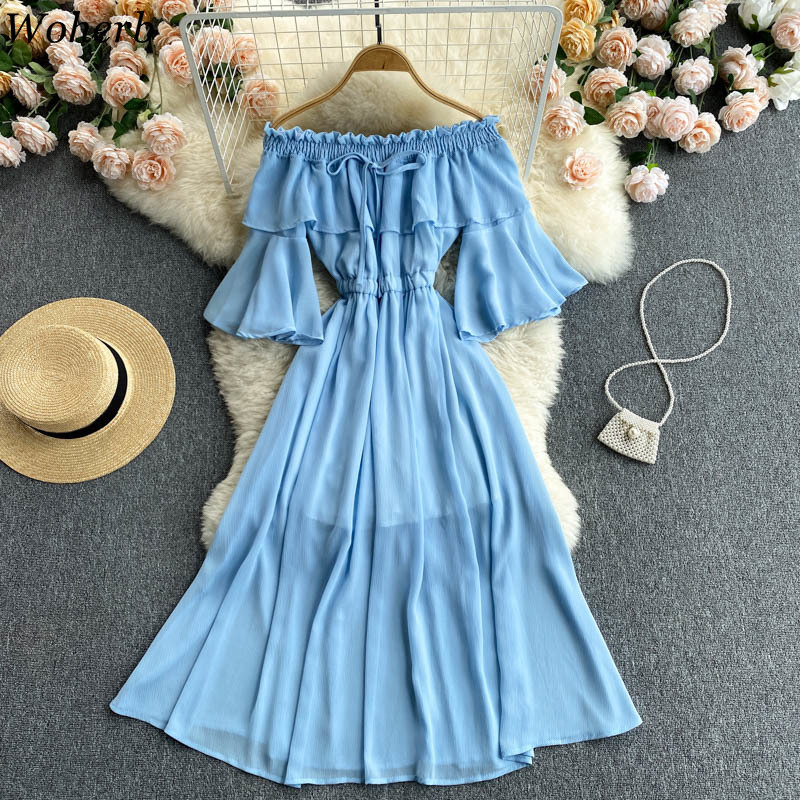Women Dress Summer Robe Beach Style Slash Neck Off Shoulder Flared Sleeves Slim Vestidos Korean Ruffles Dresses 210519