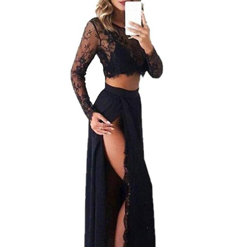 Two Piece Dress Floral Embroidery Lace Top Maxi Skirt Suit 2021 Women Sexy Crop High Waist 2 Set Split Summer Long