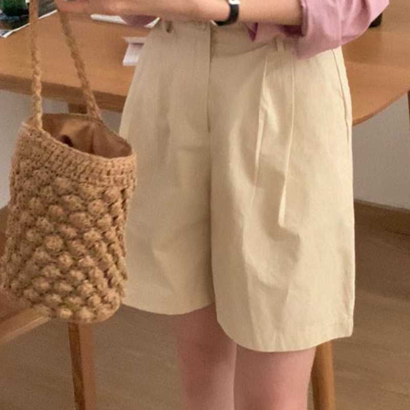 Summer Women Shorts Korean Fashion Bottoms Causal Solid High Waisted Wide Leg Short Feminimos 6H784 210603