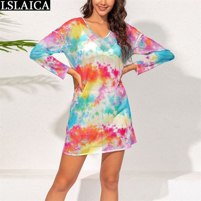 Summer Dresses for Women Long Sleeve V Neck Tie Dye Plus Size XS-5XL Clothing Mesh See Through Sexy Dress 210515