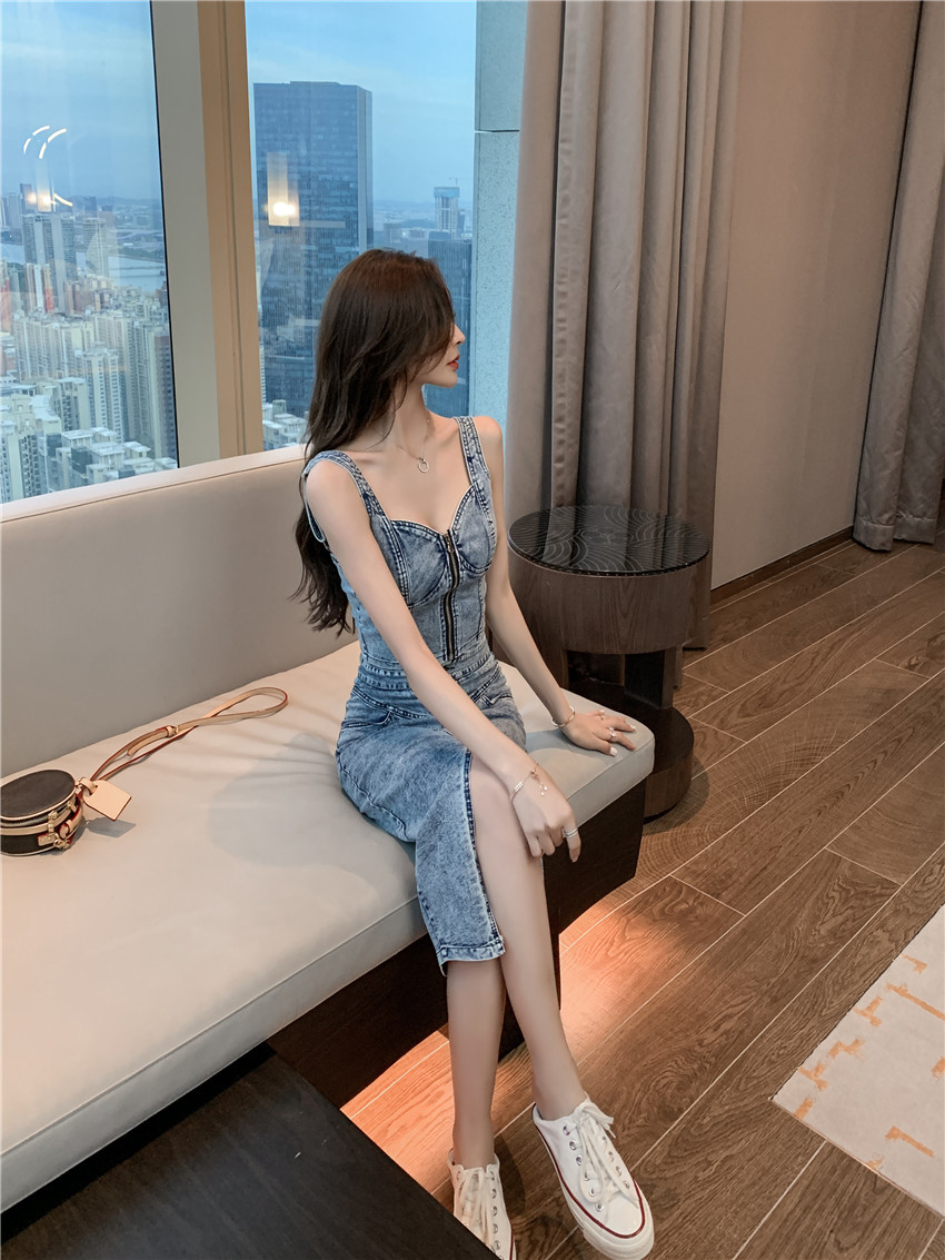 Summer Two-piece Set Women Sexy Denim Vest Top + Bodycon Split pencil Skirts Suits for Woman 210519