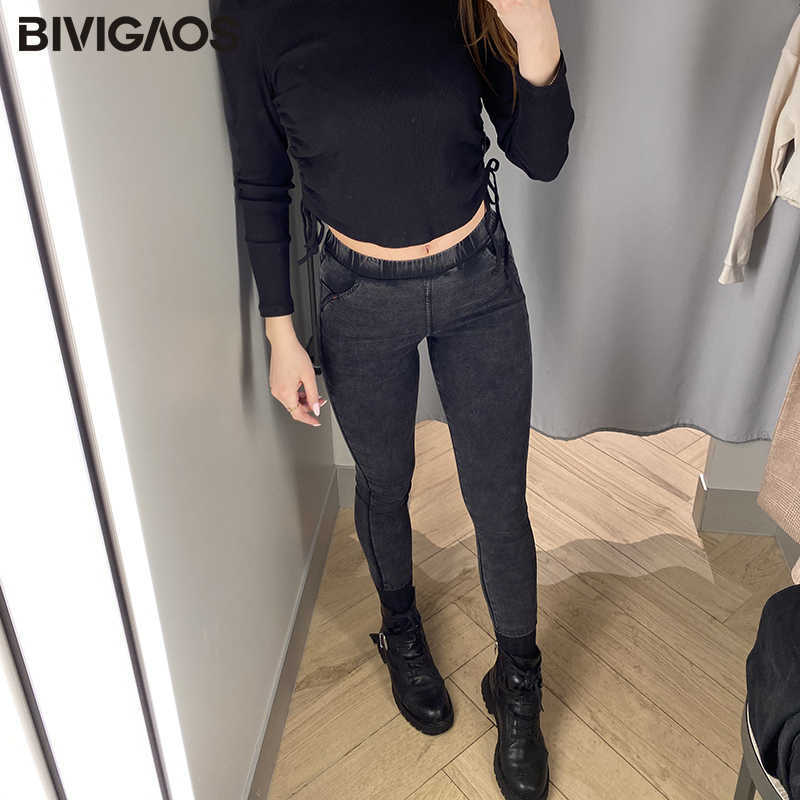BIVIGAOS Women Jeans Pencil Pants Sand Washed Stretch Leggings Korean Pocket Red Line Magic Black Gray Jeggings 210922