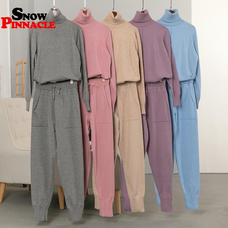 Women sweater suit sets Turtleneck pullovers + long Pants 2PCS Track Suits for Spring Autumn Woman Knitted Trousers+Jumper suits 210524