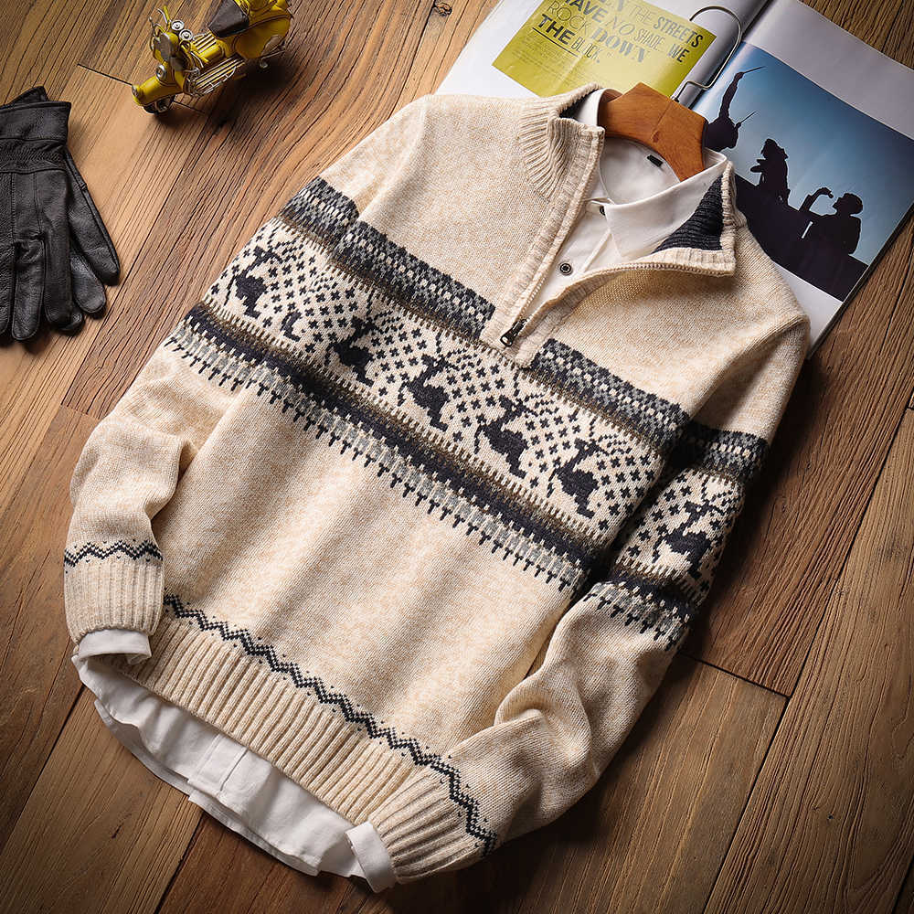 Men Autumn Casual Jacquard Warm Half Zip Christmas Sweater Cardigan Jacket Men Winter Vintage Mock Neck Sweater Pullover Men 211018