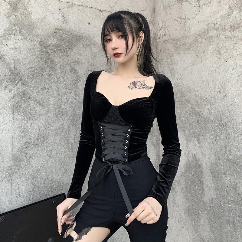 Vintage Lace Black T Shirt Goth Aesthetic Long Sleeve Velvet T-shirt Camiseta Negra De Encaje Delgada Para Mujer Women
Vintage Lace Black T Shirt Goth Aesthetic Long Sleeve Velvet T-shirt Camiseta Negra De Encaje Delgada Para Mujer Women