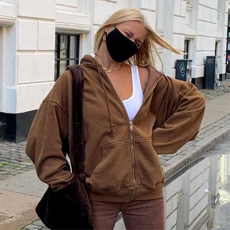 Women Sweatshirt Jacket Winter Clothes Female Zip Up Oversize Hoodies Casual Loose Black Brown Hoodie Vintage Fleece Pullover 210910