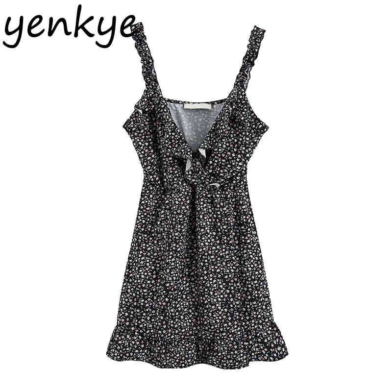 Floral Print Ruffle Wrap Dress Women V Neck Sleeveless Sexy Sling Beach Sundress Female A-line Short Summer Dresses BBWM2220 210515