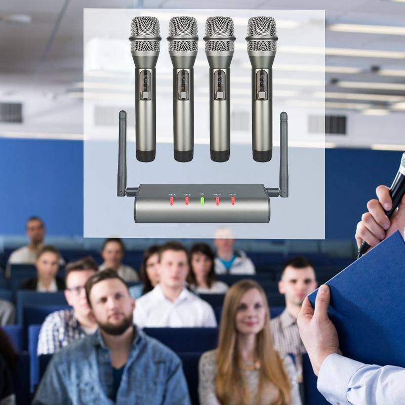 4- Wireless Microphone System Quad UHF Mic 4 Handheld Mics Long Distance Fixed Frequency Microphones