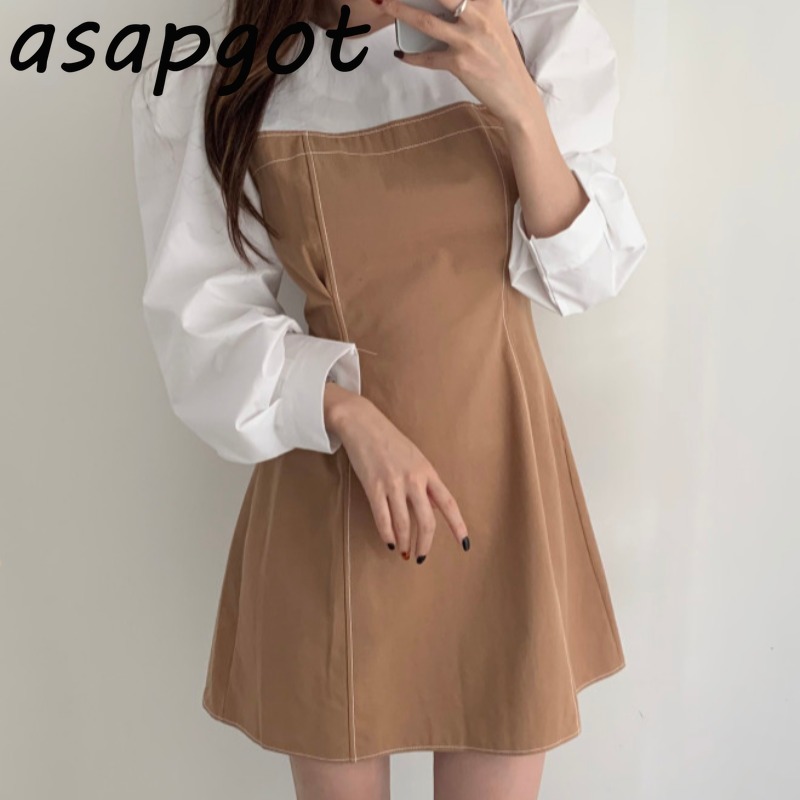 Autumn Vintage Plus Size Casual Dress Short Contrast Color O Neck Puff Sleeve Patchwork Vestido De Mujer Chic Korea Fashion 210429