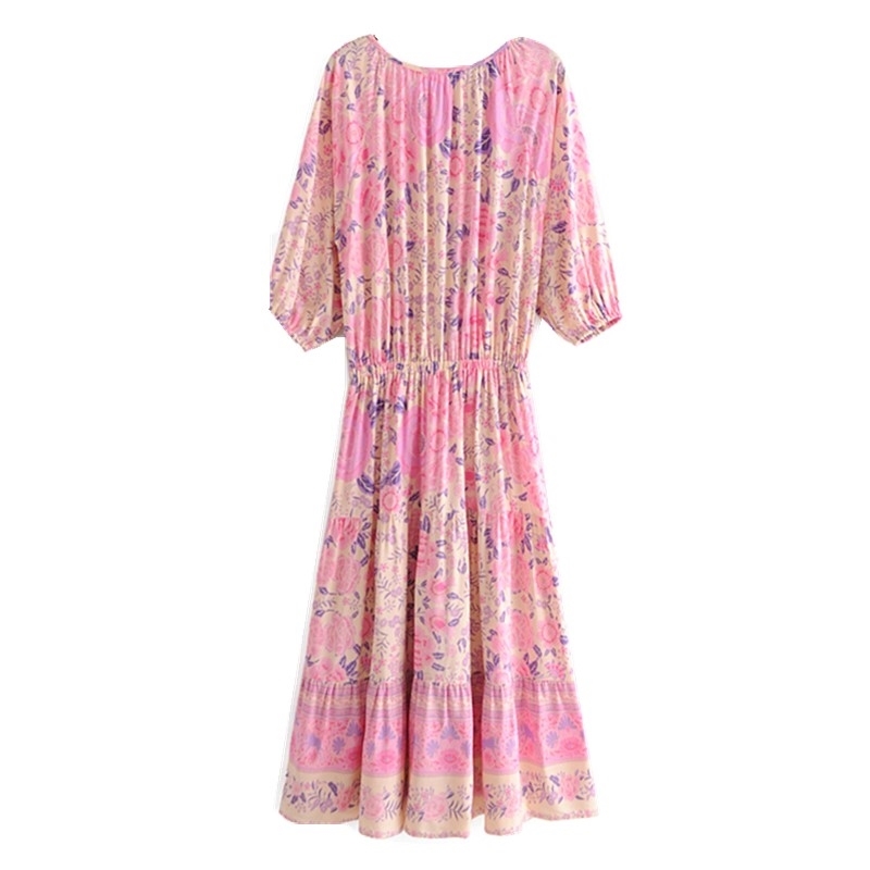 Spring Bohemia Tassel Lacing up Collar Pink Flower Print Dress BOHO Woman Adjust Waist Maxi Long Holiday Dresses Beach 210429