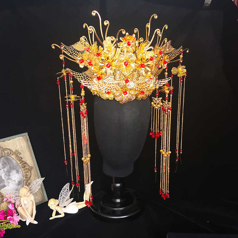 HIMSTORY Classical Chinese Wedding Phoenix Queen Coronet Crown Brides Gold Hair Jewelry Accessories Tassel Wedding Hairwear H0827