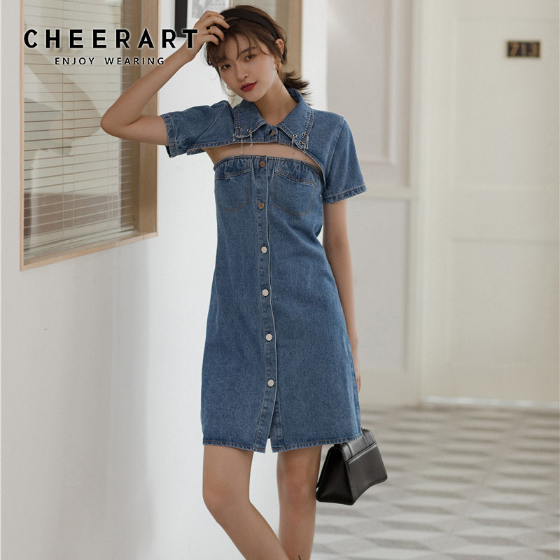 2 Piece Summer Denim Dress Women Strapless Button Up Blue Jean Keyhole Ladies Korean Mini 210427