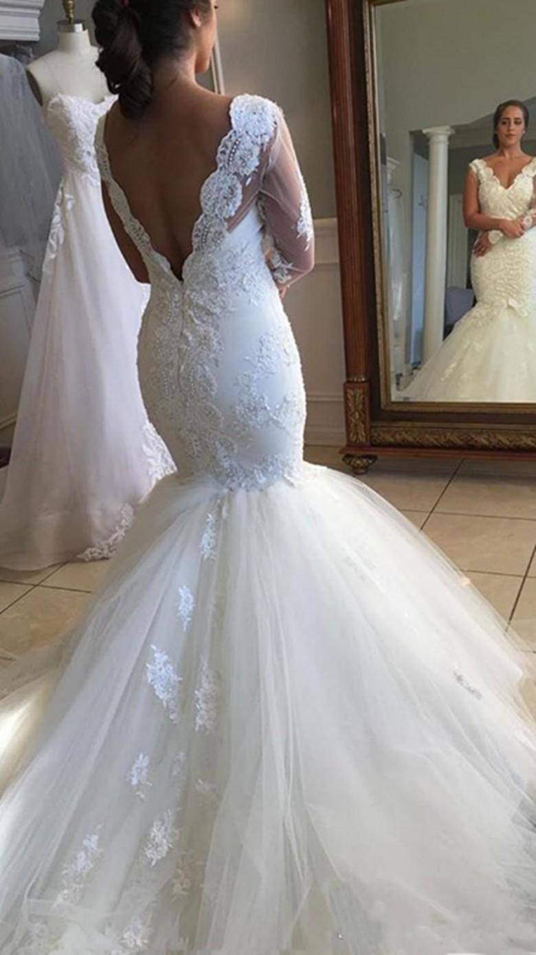 Long Sleeves Mermaid Wedding Dresses Bride Gown Lace Applique Scalloped V Neck Back Sweep Train Tulle Custom Made Plus Size Beaded Vestidos De Novia 4