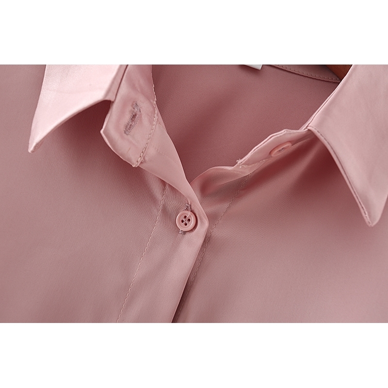 Elegant Women Solid Pink Satin Shirts Fashion Ladies Button Loose Tops Causal Female Chic Turn Down Collar Blouse 210430