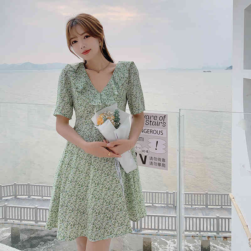 Women Dresses Summer Sexy V Neck Floral Print Boho Beach Dress Ruffle Short Sleeve A Line Mini Dress Wrap Sundress Robe 210515