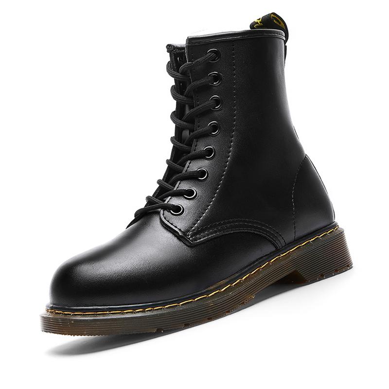 Boots Fashion Leather Women Plus Size 35-44 Round Toe Black Men Flat Heels Lace Up High Top Shoes Casual Motorcycle