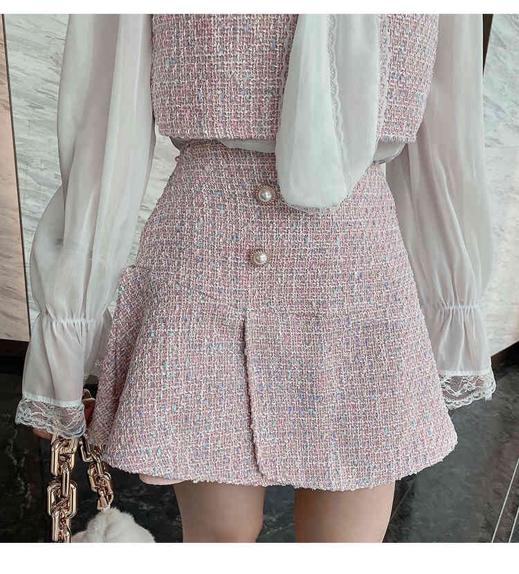 Spring Women 2 Pieces Set Sweet Bow Tie Tweed patchwork Chiffon Flare Long Sleeve Crop Tops + A-line Mini Skirt Suit 210519