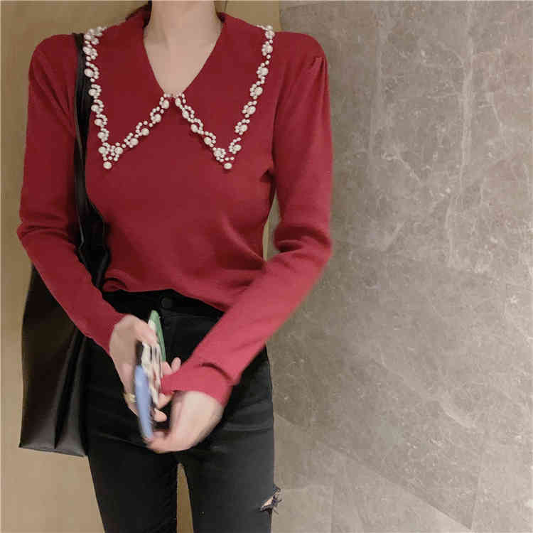 Vintage Women Sweet Peter Pan Collar Beading Office Lady Korean Fashion Elegant Casual Long Sleeve Chic Knitted Sweaters 210519