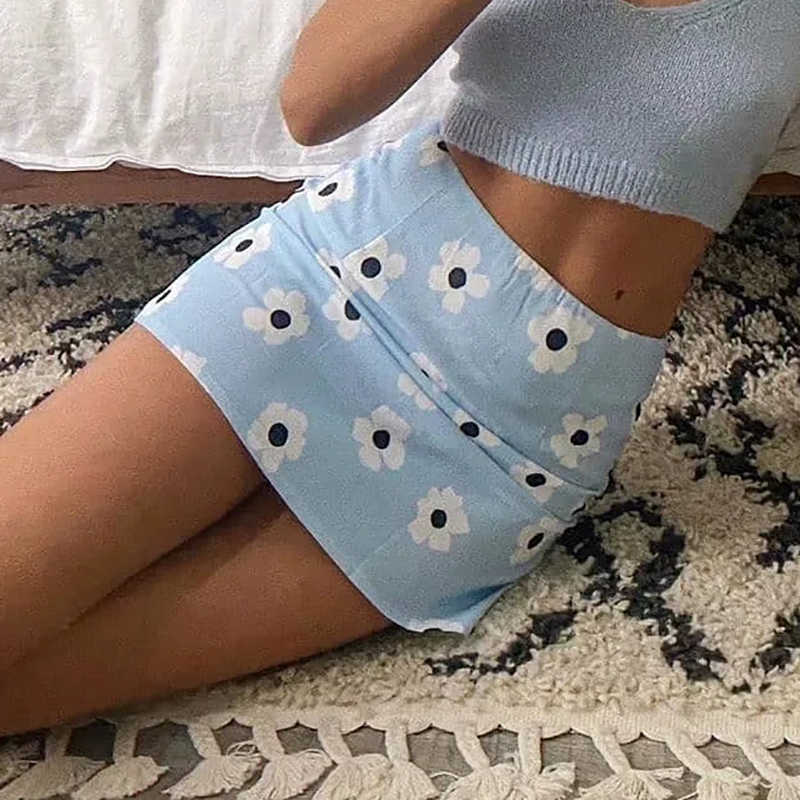 sweet women blue mini skirts summer fashion ladies high waist floral skirt party female vintage boho girls chic 210527
