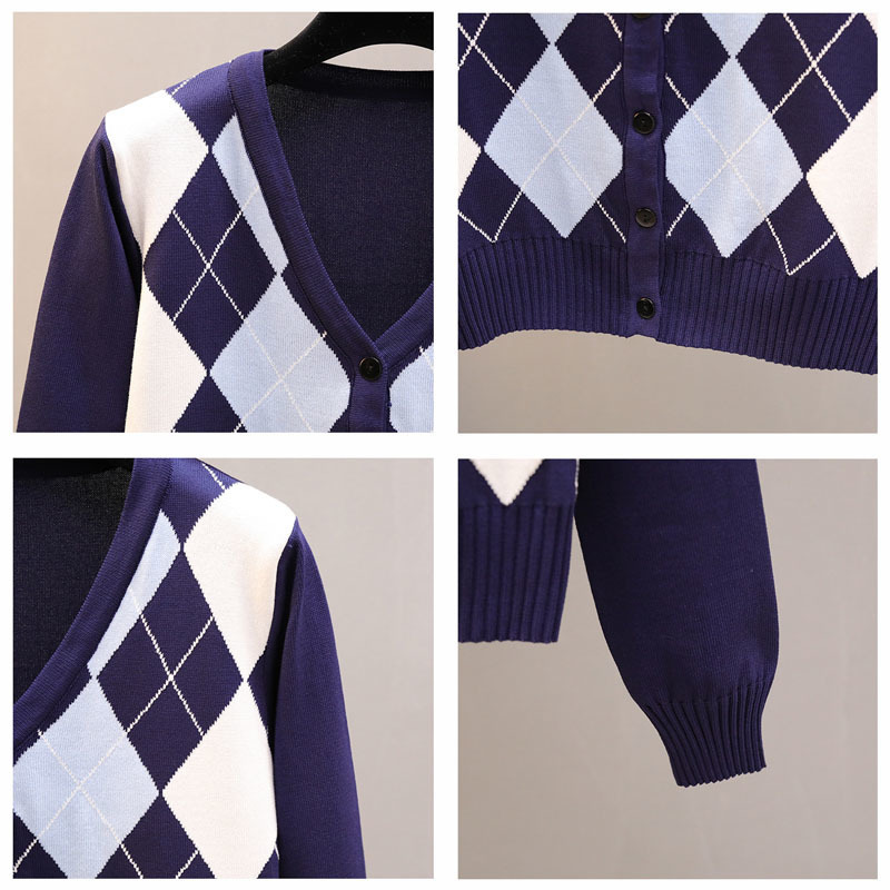 Autumn Long Sleeve Vintage Argyle Sweater V-Neck Short Plaid Woman s Winter Knitted Cardigan Tops 11718 210512
