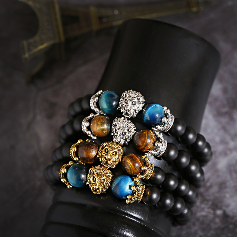 Blue Tiger Eye Beads Strands Bracelets Antique Gold Silver Plated Lion Head Charm Bracelet Jewelry