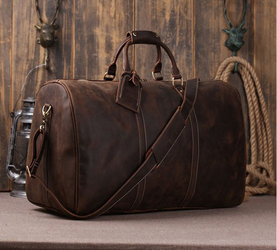 

Boston Crazy Horse Leather Men Travel Bags Luggage Travel Bag Large Genuine leather Duffle Bag Men Weekend Big Shoulder Bag, Coffee