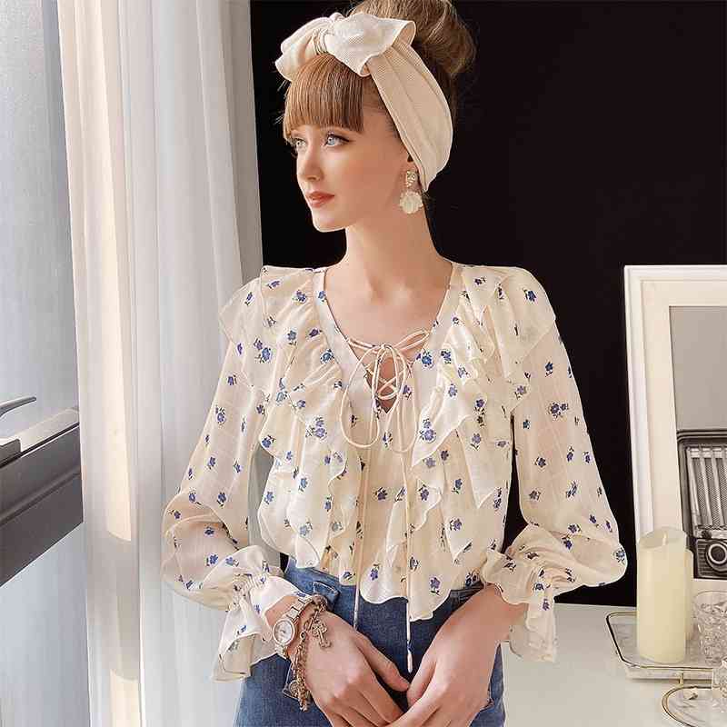 Dabuwawa Casual V-Neck Ruffled Women Blouse Shirt Long Sleeve Print Female Tops Blouse Girlish Style Ladies Blouse DO1AST013 210520