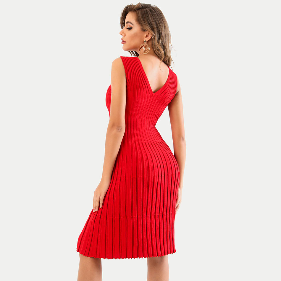 Free Autumn Women's Elegant Knit Dress Red Sexy V-neck Sleeveless A-line Dresses Celebrity Christmas Party 210524