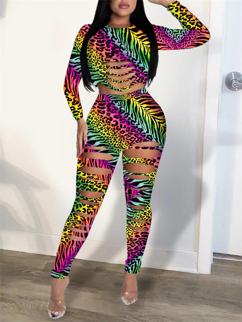 Leopard Print Two Piece Set Women Hollow Out Long Sleeve Crop Top High Waist Elastic Pants Suit Female Sexy Clubwear Tracksuit Women's Track