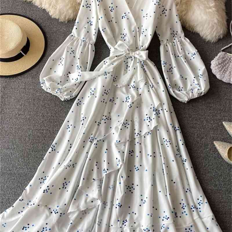 Spring Autumn V Neck A Line Lantern Sleeve Dress Floral Print High Waist Mid Calf Women Party Dresses 210521