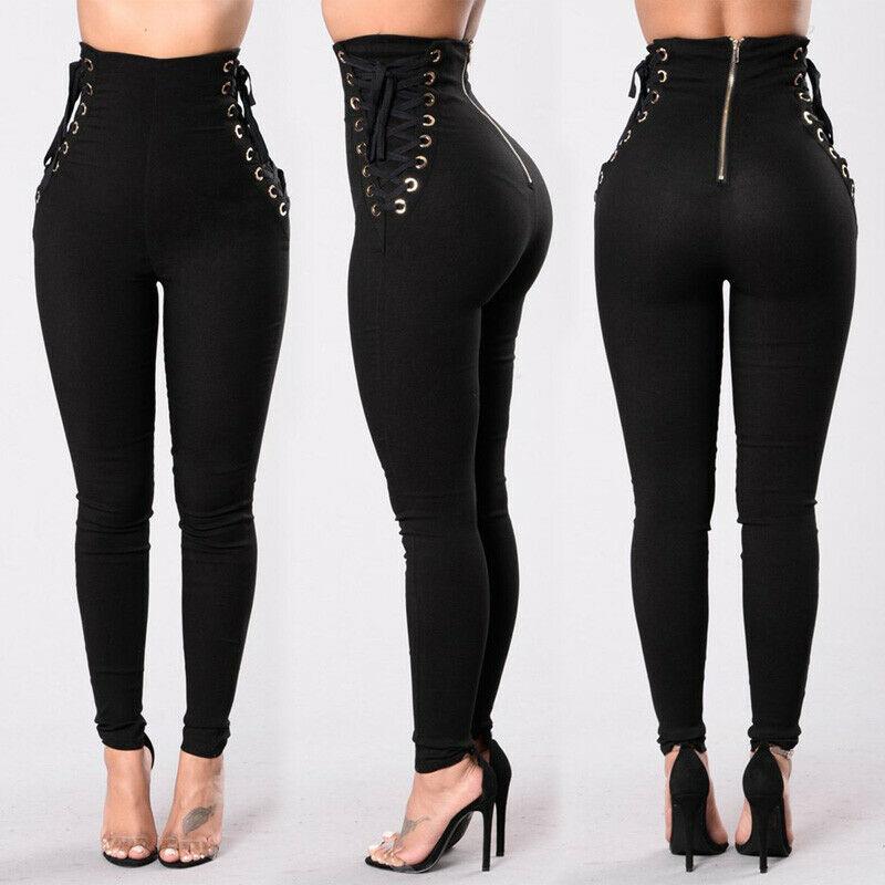Pants Leggings Trousers Womens Lace Up Skinny Pencil High Waist Bandage Stretch Solid Party Black Women's & Capris