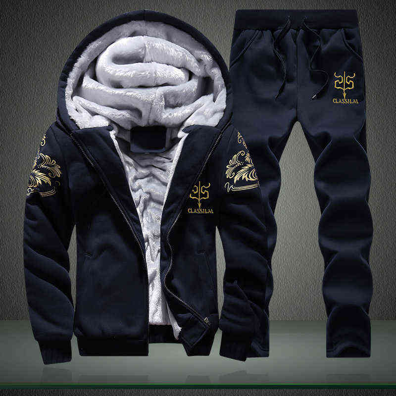 Winter Inner Fleece Hoodies Men Casual Hooded Warm Sweatshirts Male Thicken Tracksuit 2PC Jacket+Pant Men Moleton Masculino 211116