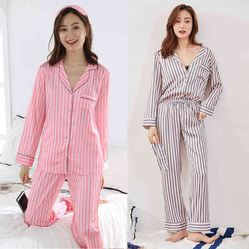 Summer Spring Pajamas for Women Satin Silk Sleepwear Two Piece Set Long Sleeved Striped Pjs Lounge Wear Night Suits Home Clothes 211109