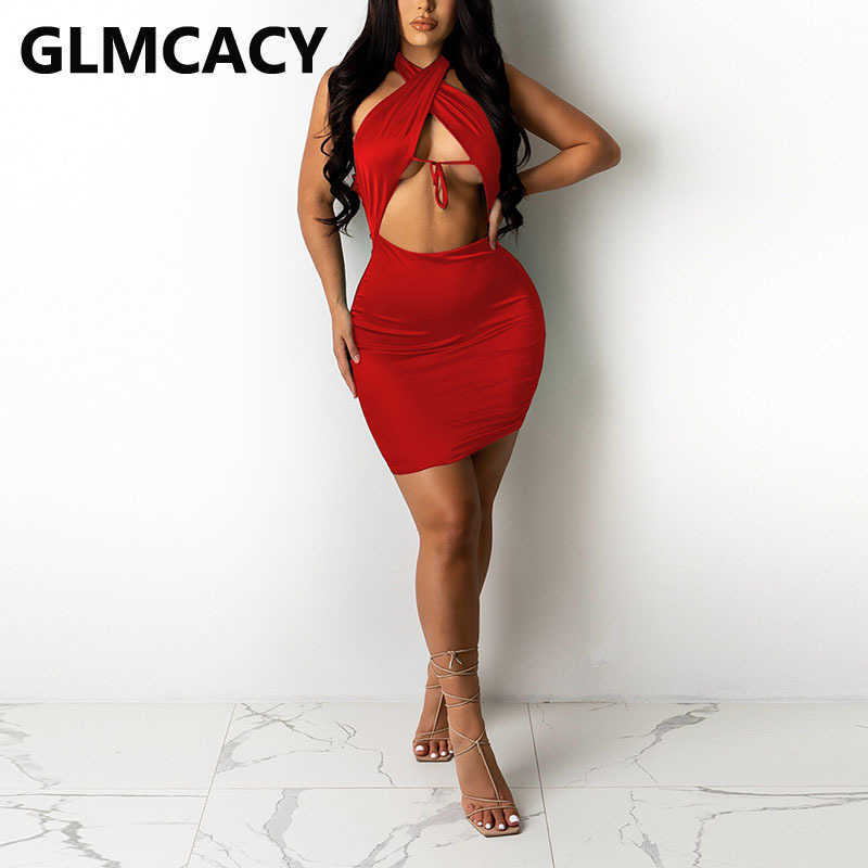 Solid Halter Backless Bodycon Dress Cut Out Sexy Mini Dresses 210702