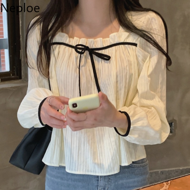 Neploe Tops Female Square Neck Blouse Women Spring Ruffles Jacquard Blouse Elegant White Blusas Sleeve Long-sleeve Shirt 4h742 210422