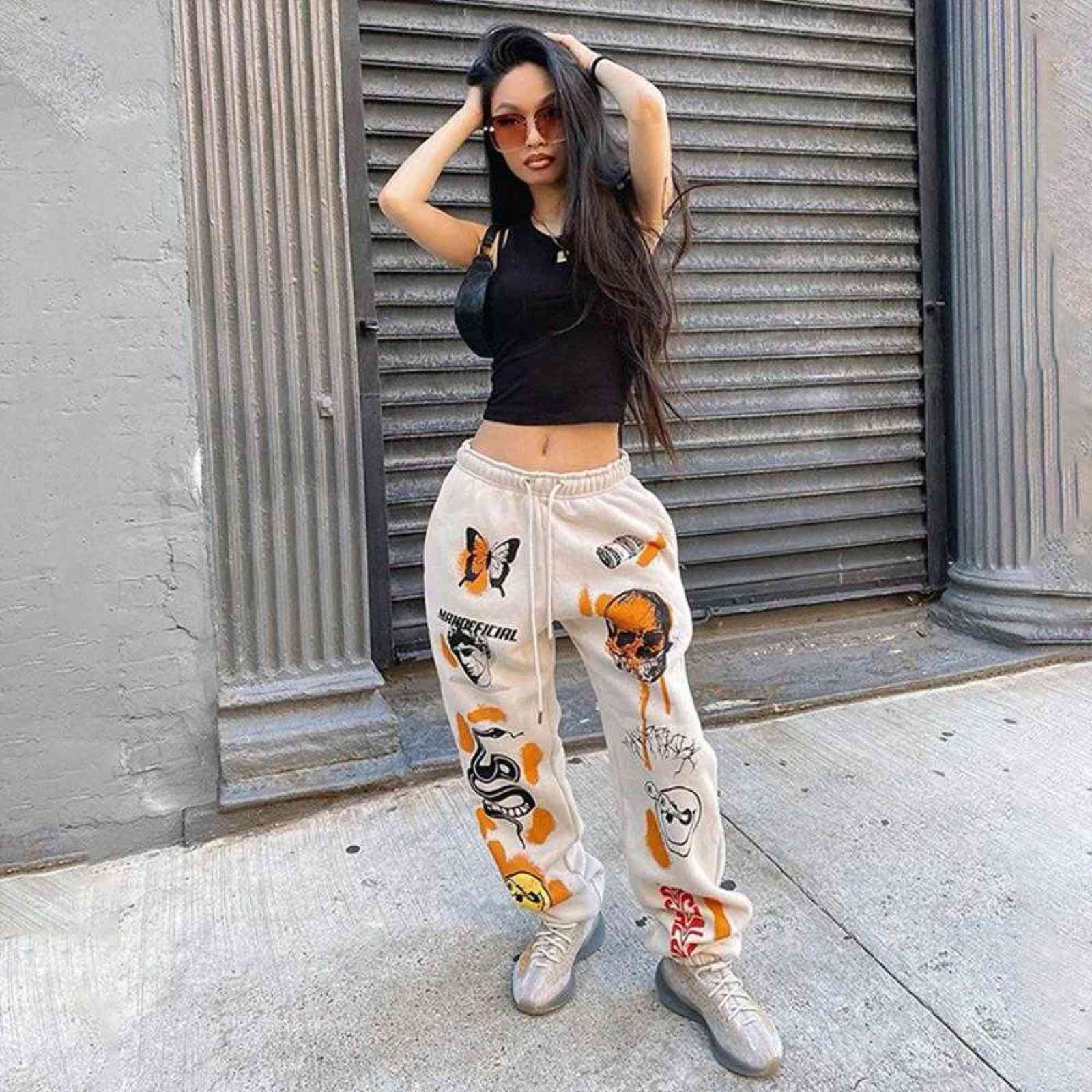 Women Sweatpants Harajuku Cartoon Printed Trousers Joggers Drawstring Cargo Pant Streetwear Casual Warm Sports Pants Autumn 211115