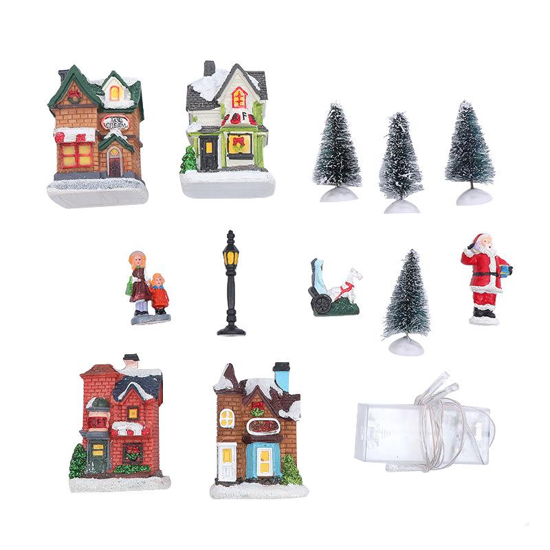 Christmas Decorations Village Set Decorate Santa Claus Resin Villa Ornaments 10 Pcs Luminous Snow House Gifts Tree Home Decoration