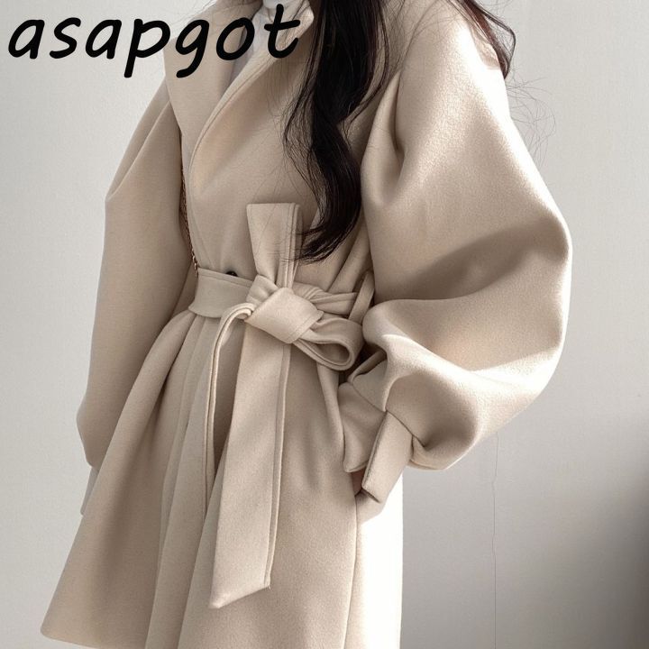 Coats & Jackets Wool Blends Quilted Chic Autumn Oversize Notched Two Button Slim Lantern Sleeve Woolen Coat Women Belt 210429