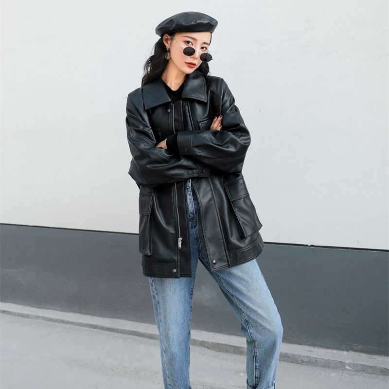 LY VAREY LIN BF Style Loose Faux Leather Jacket Women Vintage Long With Belt Ladies Motorcycle Biker 210526