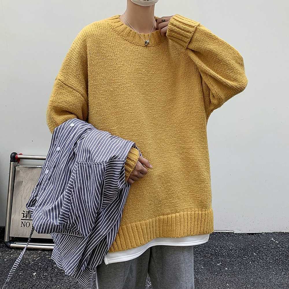 Black Sweater Men Korean Fashion Oversized Sweater Pure Color Loose Fit Knitted Sweater Men Streetwear Trends Clothes Men Y0907