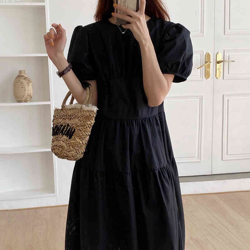 MATAKAWA Elegant Round Neck Women Dress Casual Pleated Robe Femme High Waist Long Vestidos Puff Sleeve Dresses Woman 210513