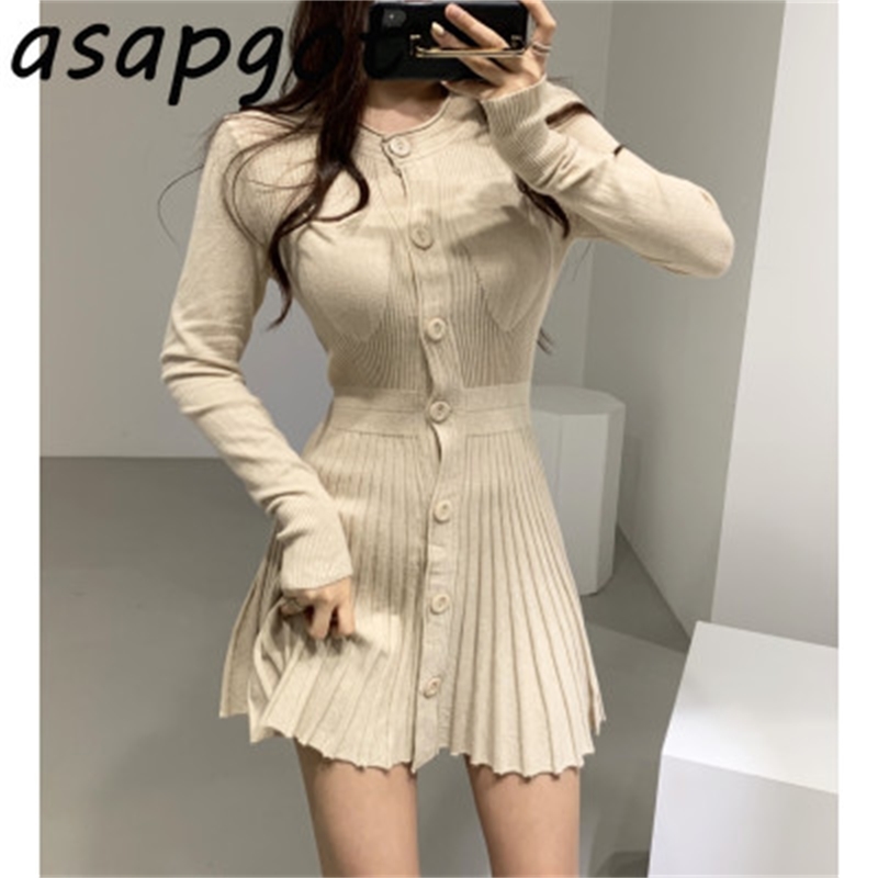 Round Neck Single Breasted Slim Pleated High Waist Temperament Knitted Dress Women Mini Korean Chic Autumn Sweater Vestidos 210429
