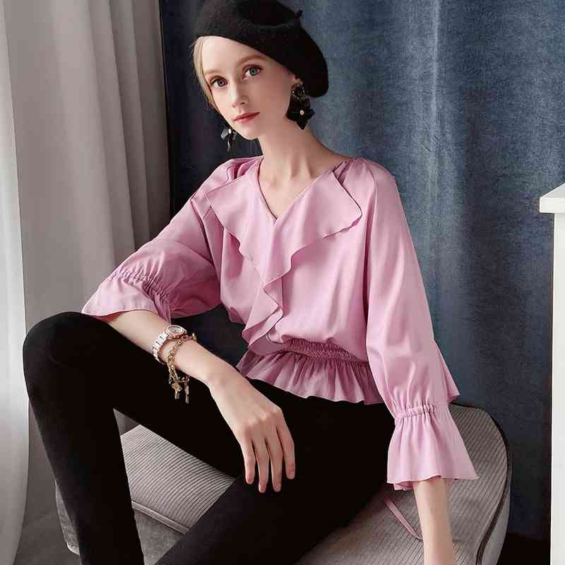 Dabuwawa Vintage Pink Ruffle Sleeve V Neck Blouse Top Modern Lady Women Elegant Wrap Hem Blouses Shirts Female DO1AST049 210520
