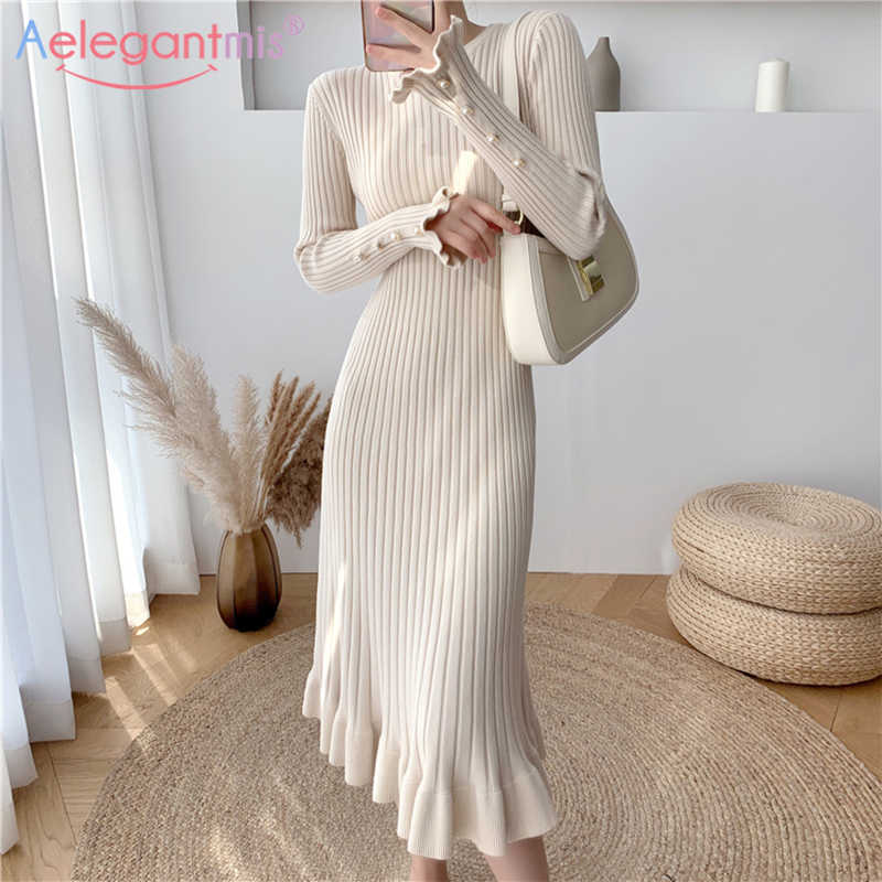 Aelegantmis Vintage Trumpet Knitted Ribbed Dress Women Loose Elegant Mermaid Sweater Petal Sleeve Button Vestidos Korean 210607, Red
Aelegantmis Vintage Trumpet Knitted Ribbed Dress Women Loose Elegant Mermaid Sweater Petal Sleeve Button Vestidos Korean 210607, Red